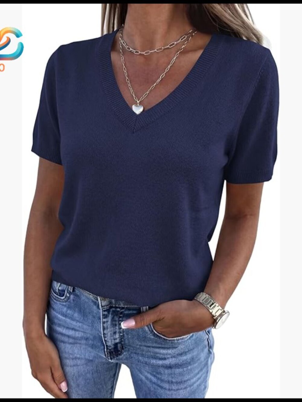 Short Sleeve V-Neck Pullover Sweater Lightweight Knit Top Women's Size
